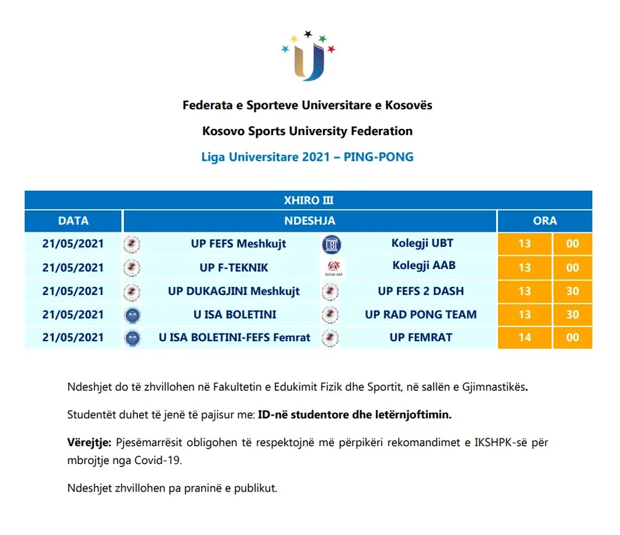 Orari me lojërat që zhvillohen të premte në Ligën Universitare në ping-pong
